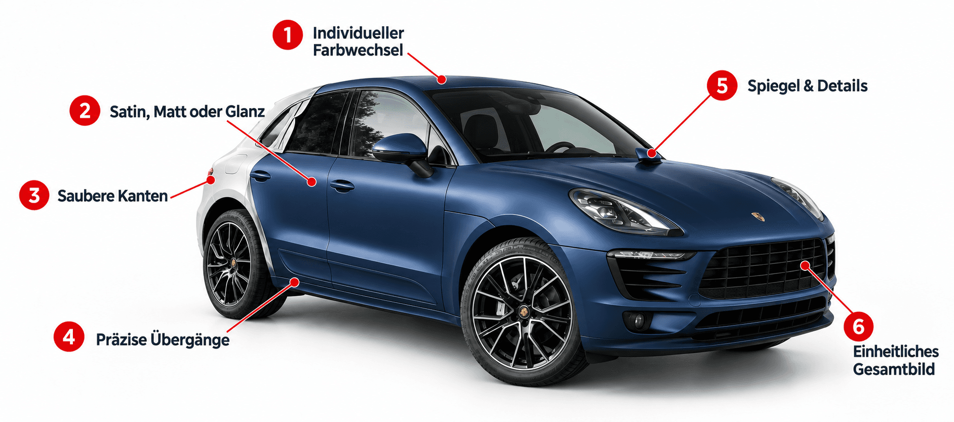 SUV mit satinblauer Vollfolierung: individueller Farbwechsel, Finish, saubere Kanten, präzise Übergänge und sorgfältig folierte Details
